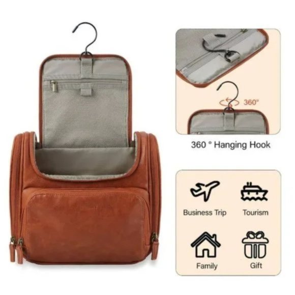 New Toiletry Bag, Travel PU Leather Hanging Hook, Brown - Picture 3 of 8